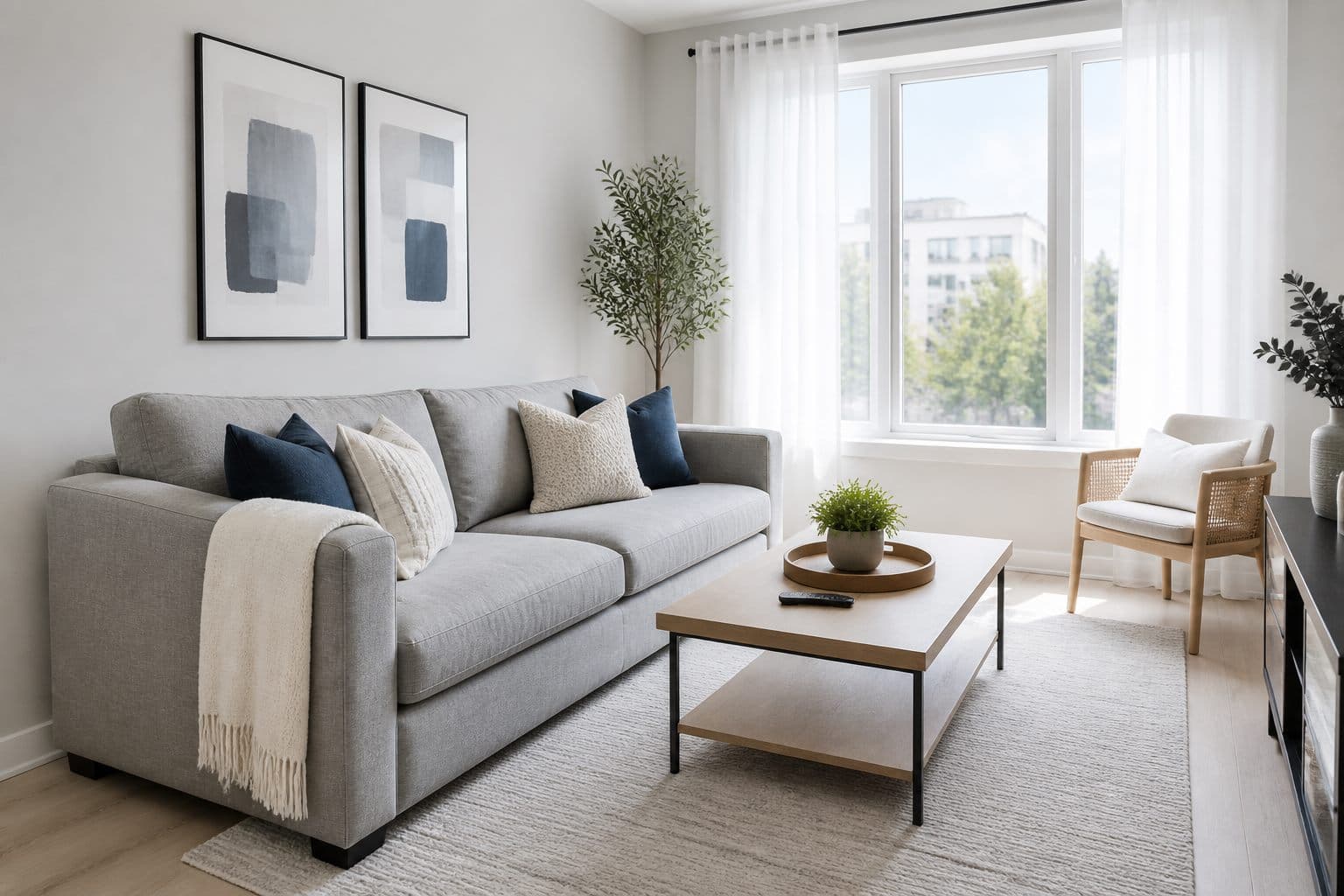 Bright, tidy Airbnb living room prepared for guests after a professional rental turnover cleaning