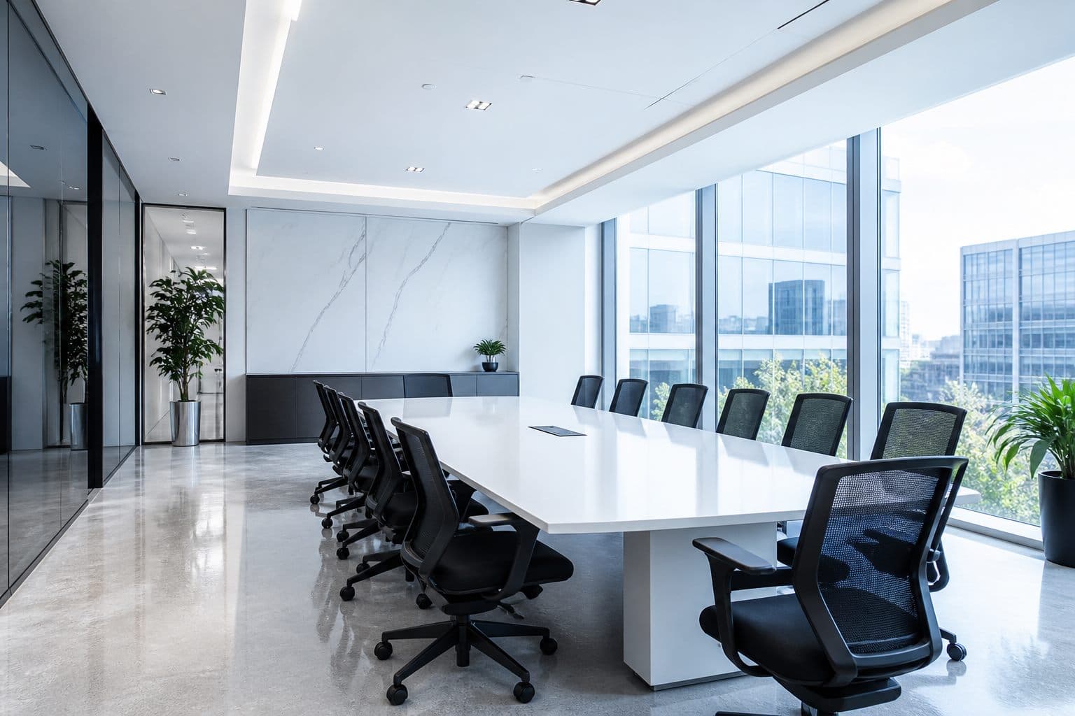 Spotless modern boardroom with a white table and clean floors after commercial office cleaning in the GTA