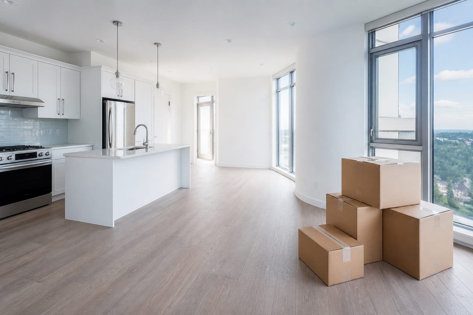 Empty apartment kitchen with moving boxes after a move-out cleaning service in Toronto